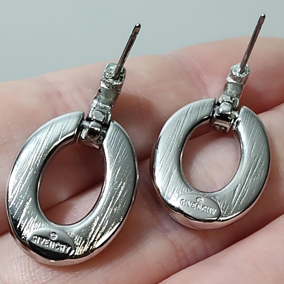 Vintage Bijoux GIVENCHY Silver tone Open Circle Pave Drop Earrings POST BACK NOS - Picture 4 of 6